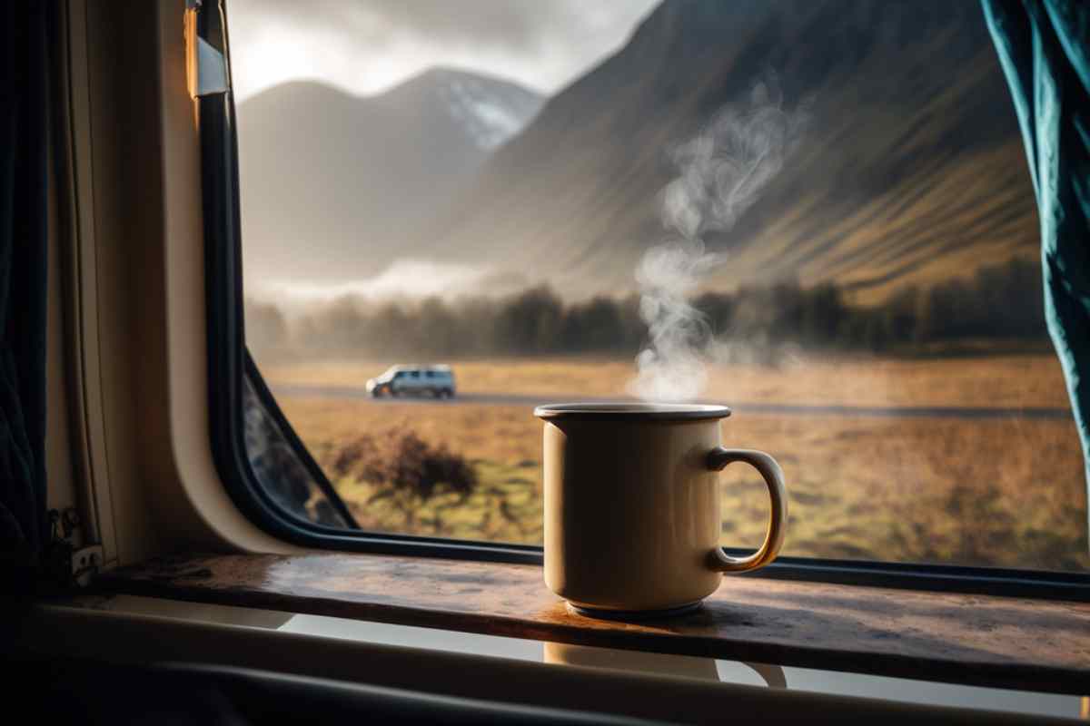 Man relaxing inside a campervan at night while reading on the bed