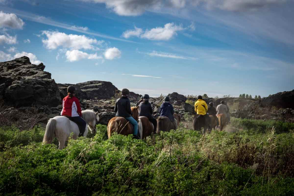 A group of explorers ride through a rugged Icelandic landscape with green vegetation.