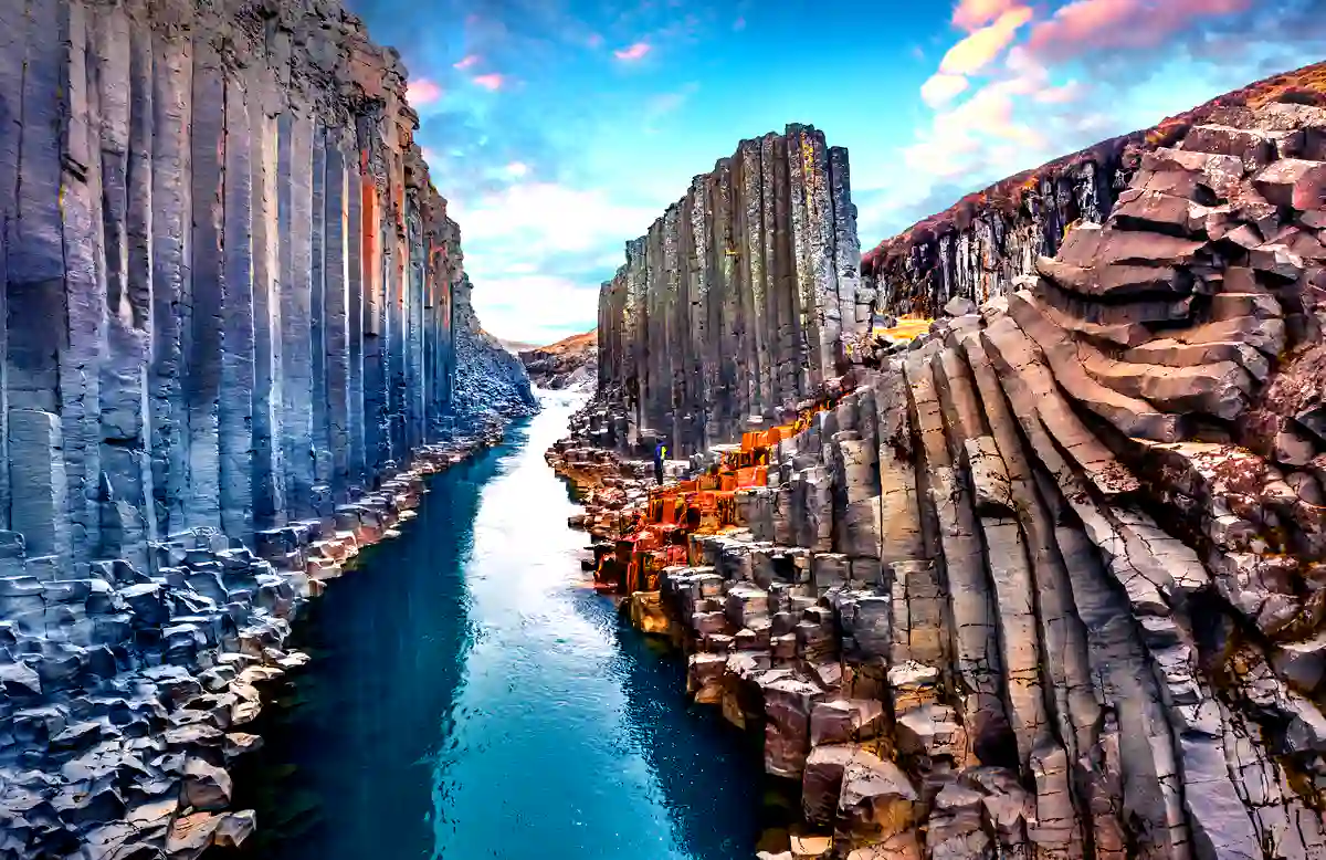 Close-up of the iconic basalt column formations in Studlagil Canyon, Iceland.
