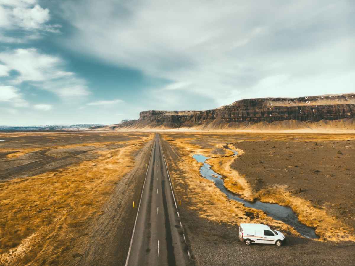 White camper parked in a remote road in the Westfjords of Iceland