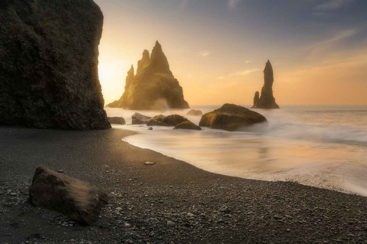 Reynisfjara black sand beach at dusk