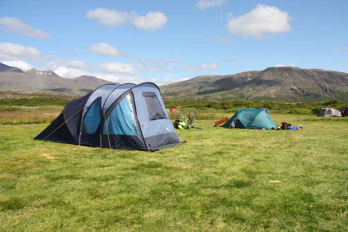 A group of tents camping at the Thingvellir campsite, inside the national park of the same name.