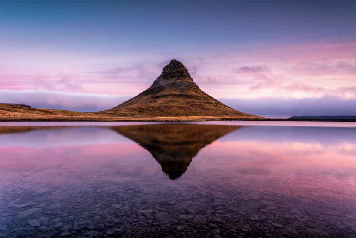 Kirkjufell mountain with the light of the midnight sun