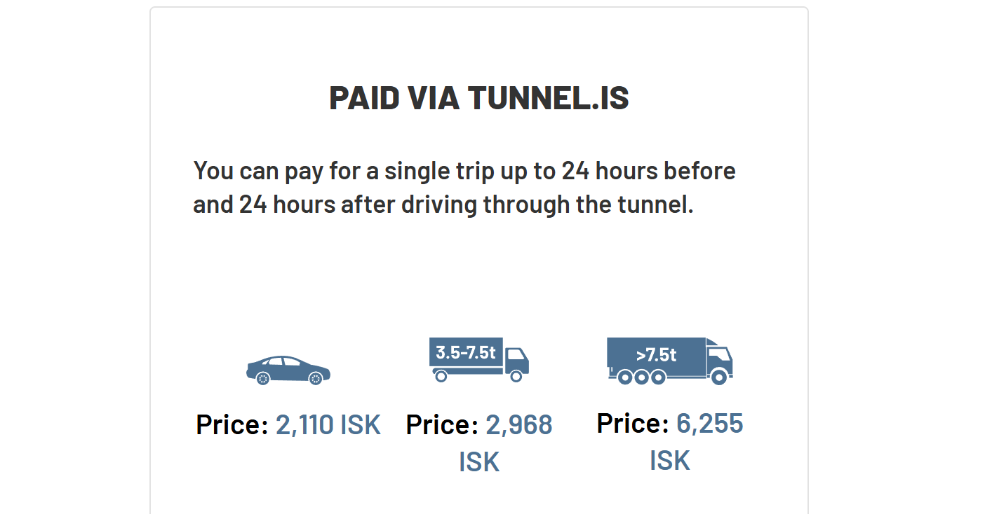 Payment method for the Iceland tunnel toll road