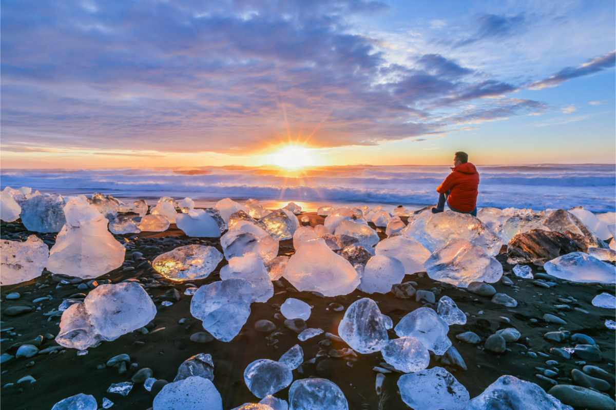 Chucks of ice scattered at Diamond beach, Iceland.