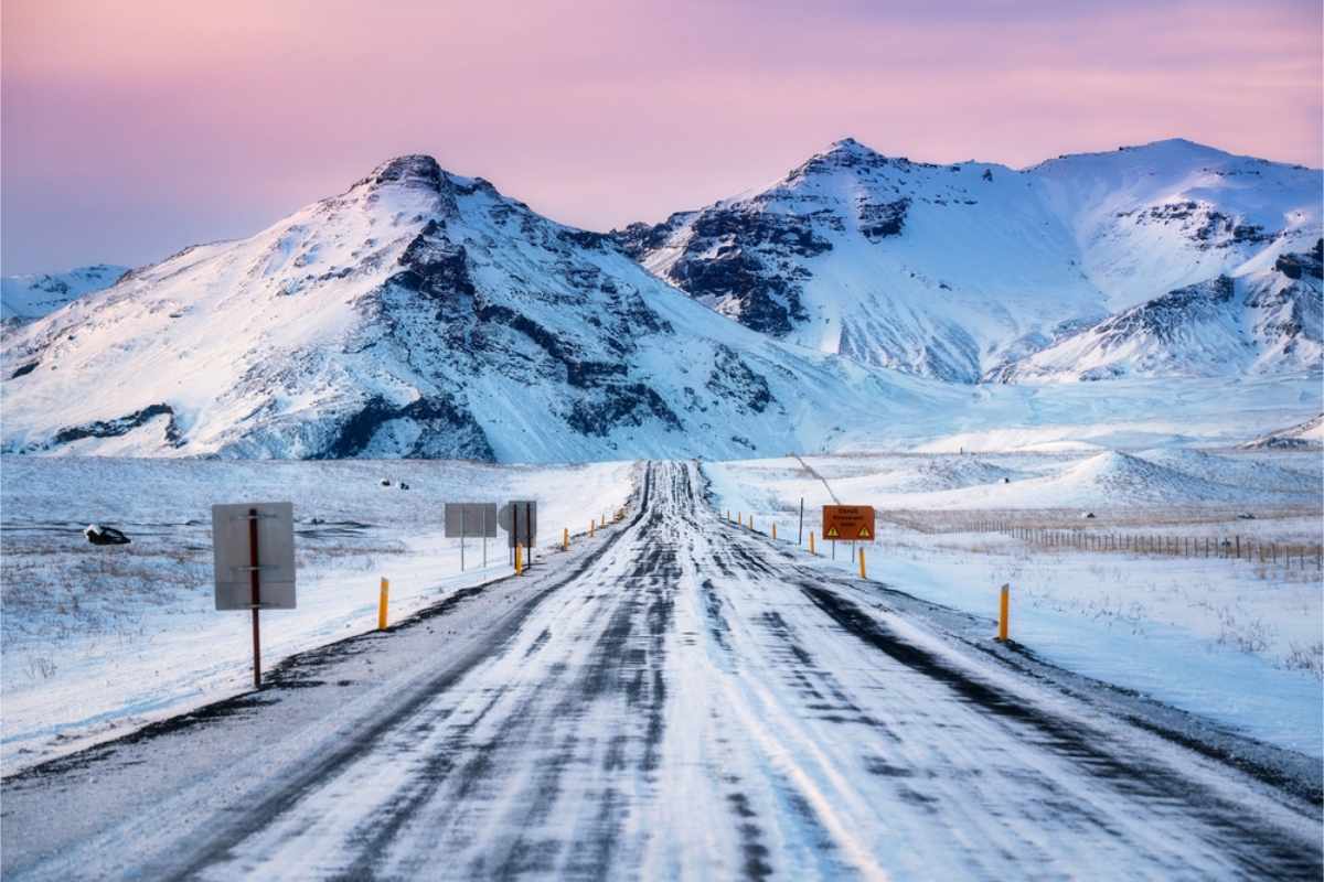 Winter in Iceland with the Ring Road completely covered in snow