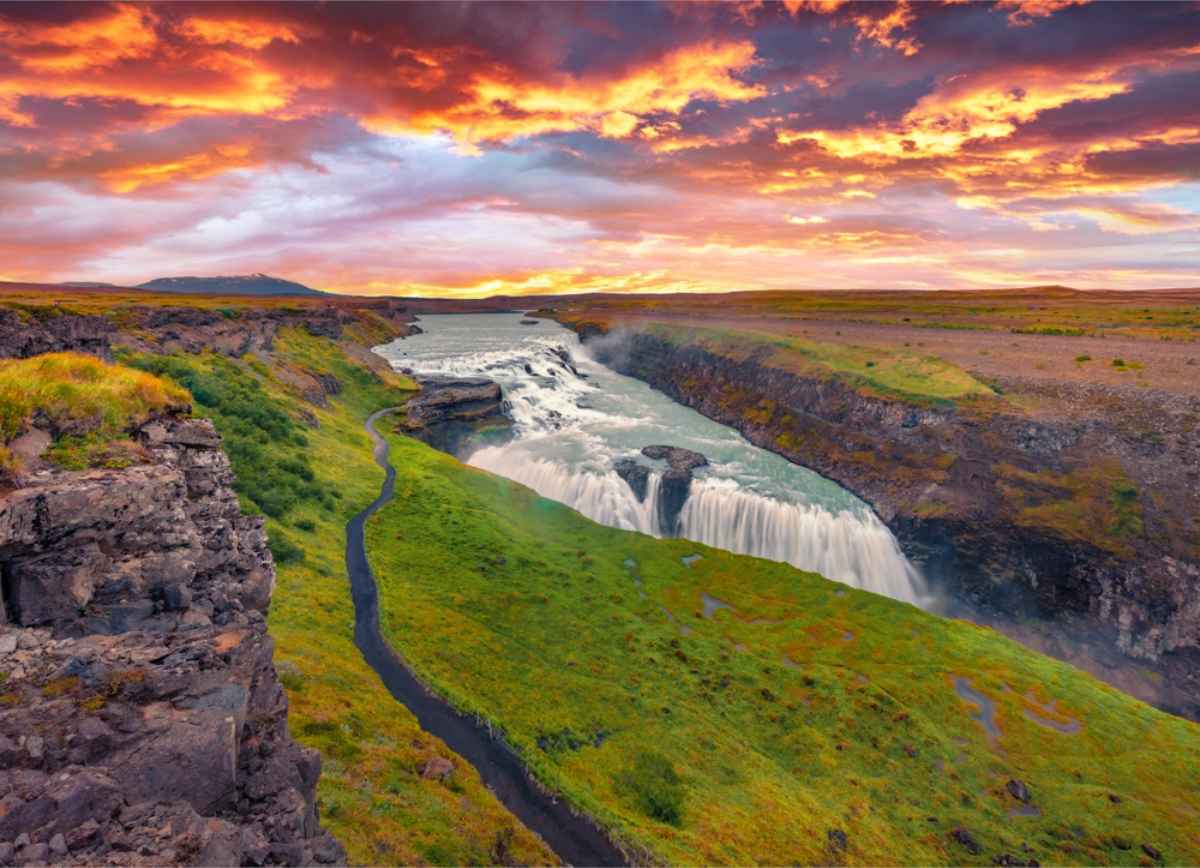 Gullfoss waterfall at dusk