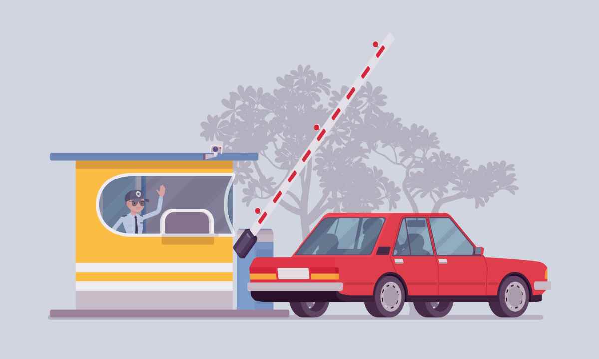 Ilustración de una cabina de peaje y un coche rojo que ya han pagado