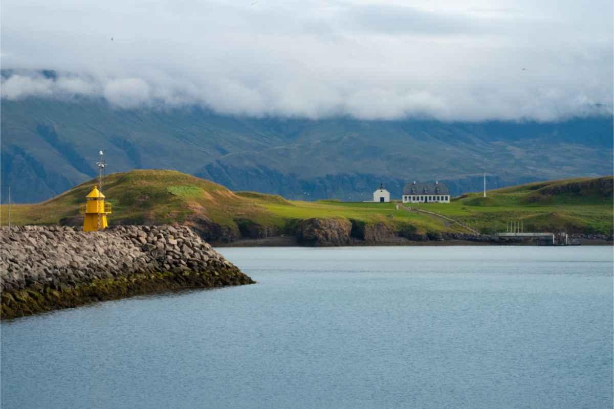 View of videy island on a foggy day
