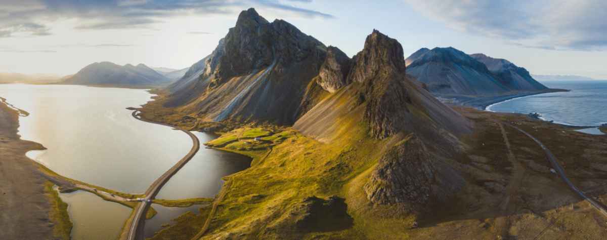 Drone view of Vestrahorn mountains on a sunny summer day