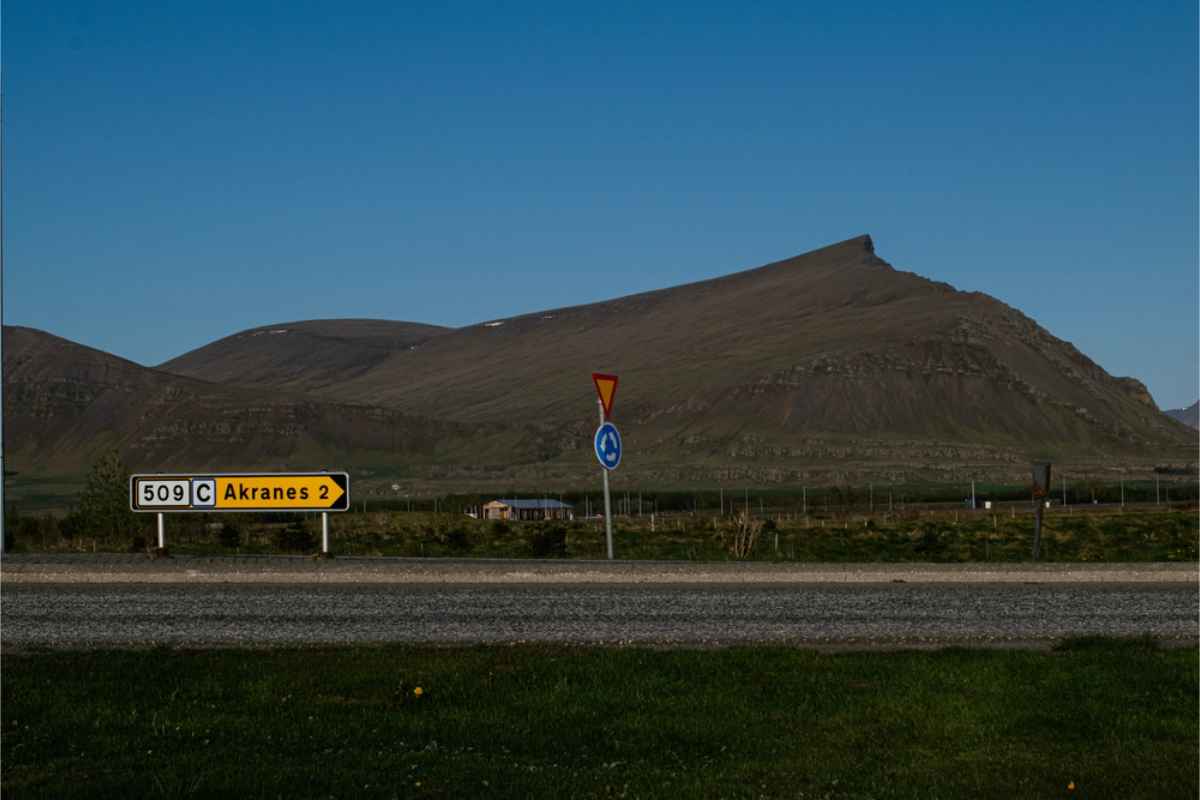 Road sign showing the way to Akranes, in West Iceland