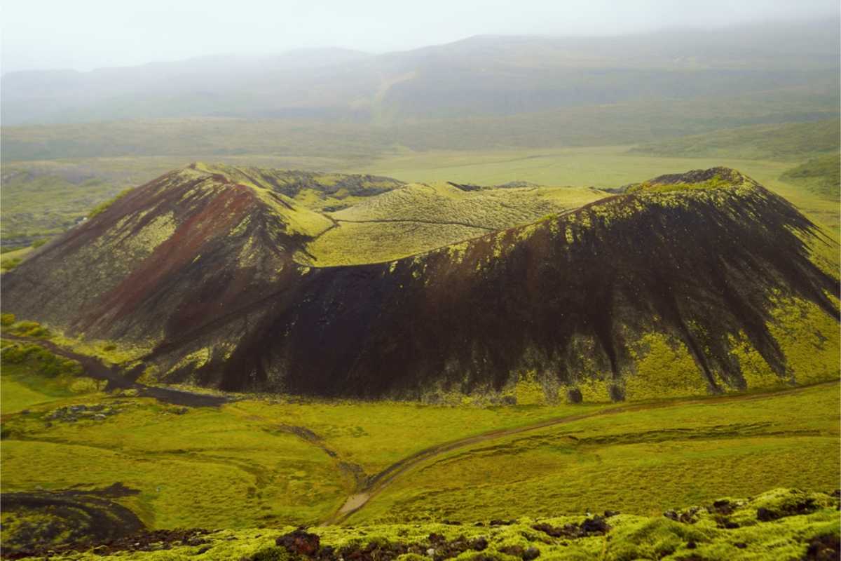 volcano crater covered in moss in the icelandic highlands