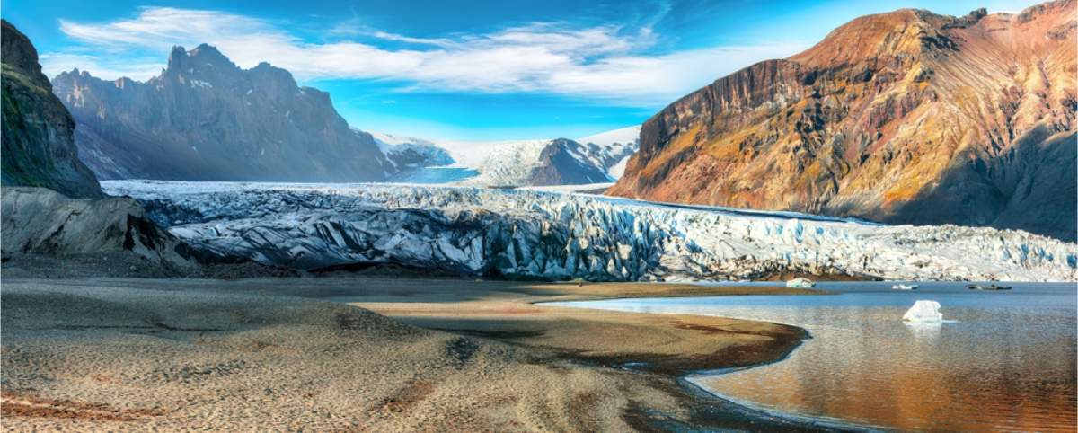 Panoramic view of a glacier wall at Vatnajokull glacier