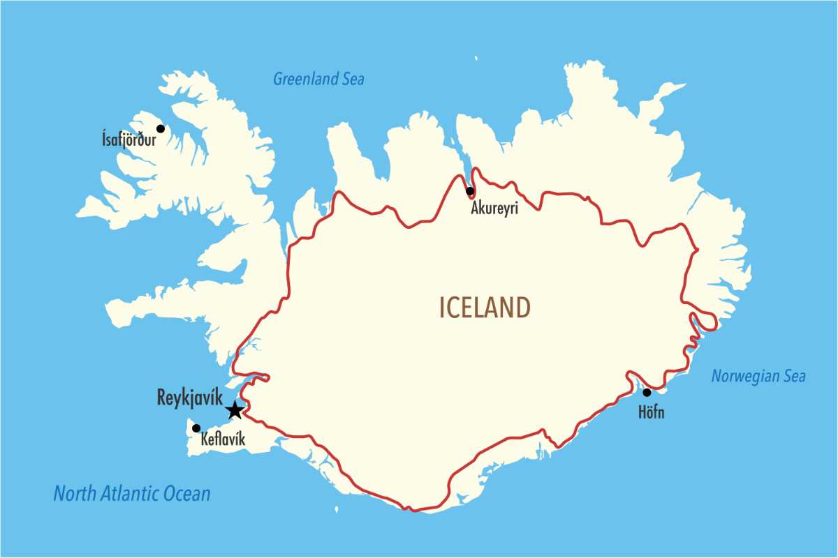 Map of Iceland with the ring road marked in red