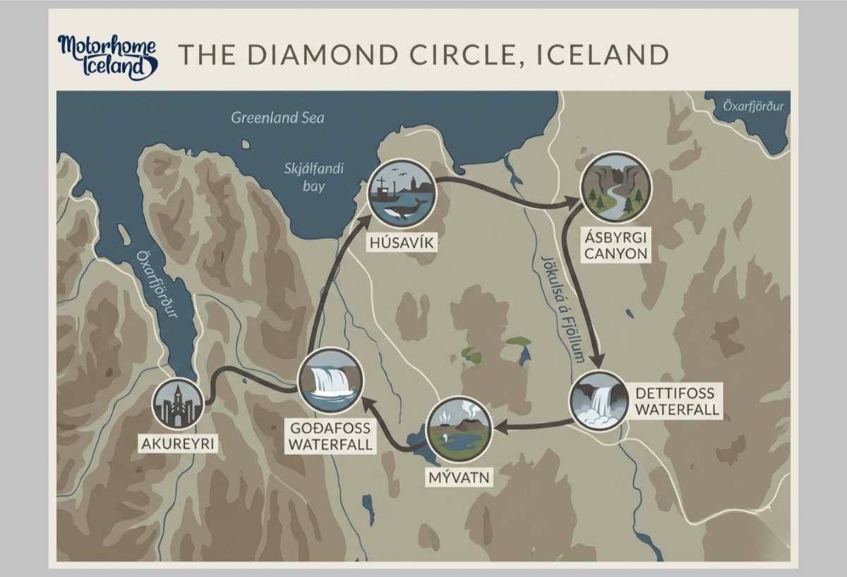 Map of the stops at the Diamond Circle in Iceland