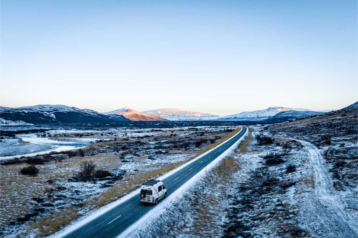 Driving to Iceland's Golden Circle Camper on Iceland's southern roads