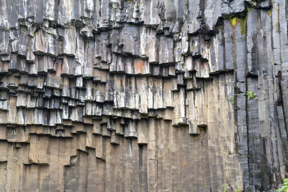 Iceland's Svartifoss Close-up of towering hexagonal basalt columns forming a rugged cliff face.