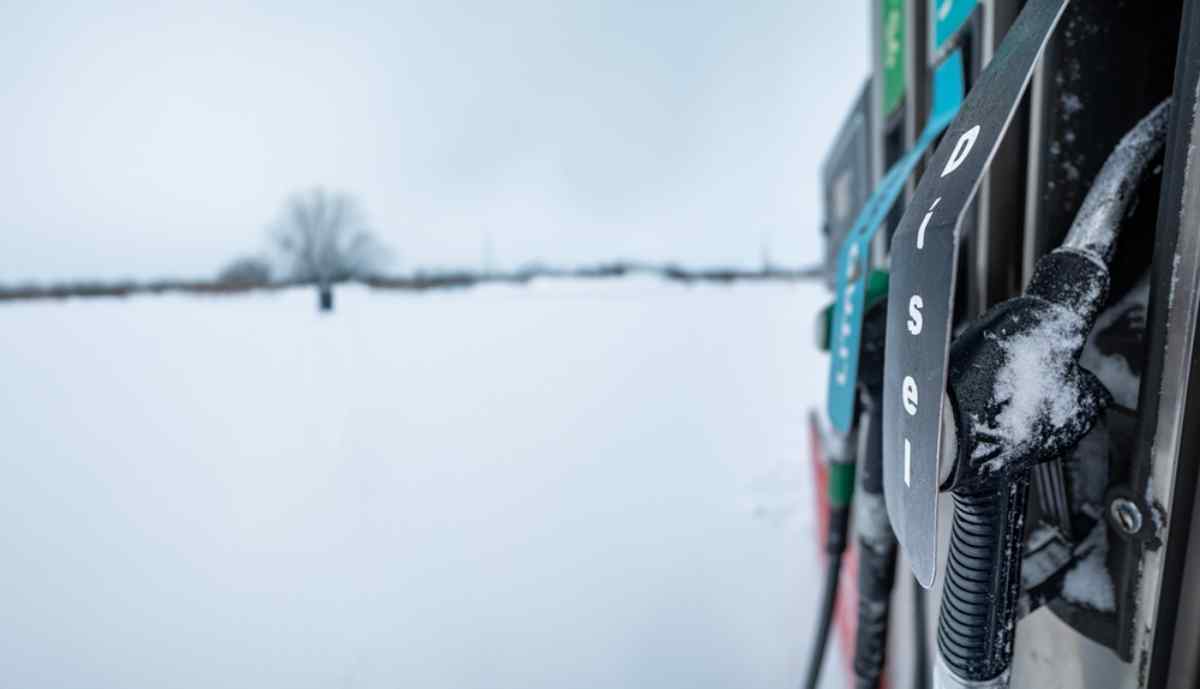 Diesel pump in Iceland Snow-dusted diesel nozzle at a gas station on a cold, overcast day.