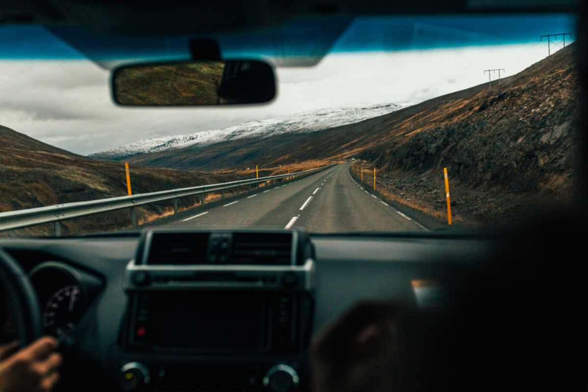 View of the road from the interior of a campervan in Iceland