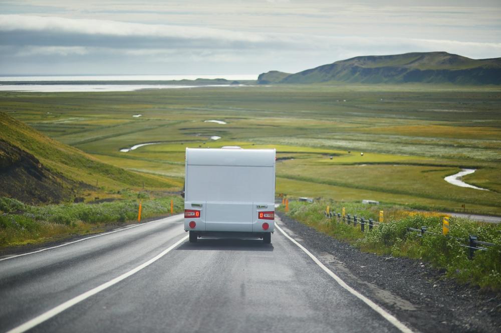 Driving conditions in Iceland in June Motorhome rolling on Iceland's summer roads