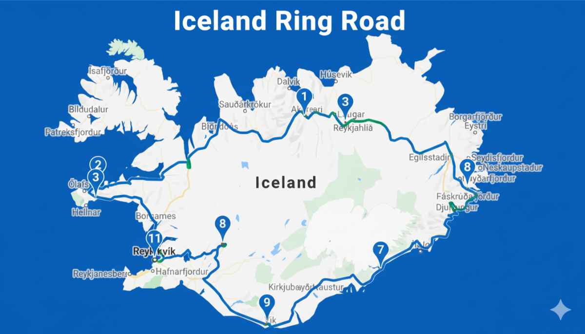 Map of Iceland with the RIng Road marked on
