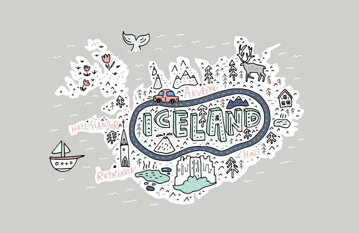 Map of Iceland in a cartoonish way, with the ring road around the island