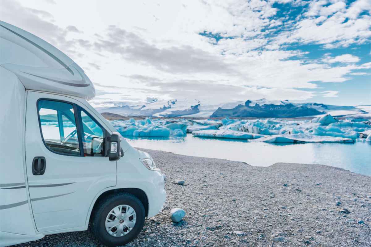 large motorhome parked by Jokulsarlon Glacier Lagoon